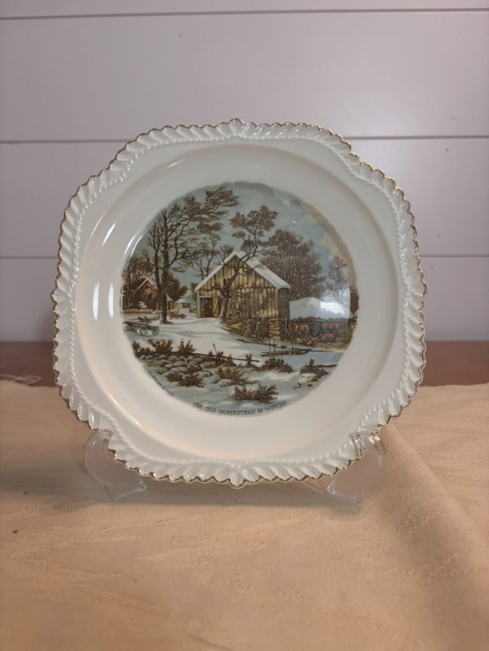 VTG Currier & Ives The Old Homestead in Winter Gold Rim Scalloped Plate